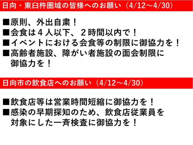 原則外出自粛、会食は4人以下2時間以内高齢者施設等面会制限。営業時間短縮、積極的疫学調査にご協力を